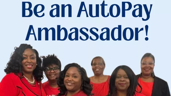 A group of members dressed in red below the text "Be an AutoPay Ambassador!"