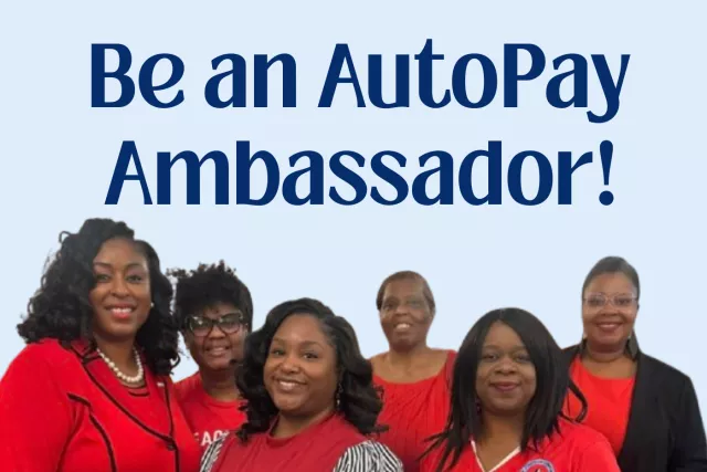 A group of members dressed in red below the text "Be an AutoPay Ambassador!"